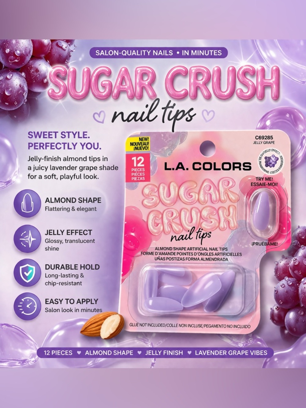 L.A. COLORS Sugar Crush Jelly Grape Almond Nail Tips - Lavender